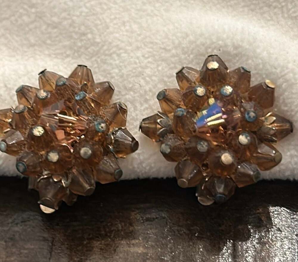 Vintage Amber Crystal Starburst Cluster Clip-on Earrings